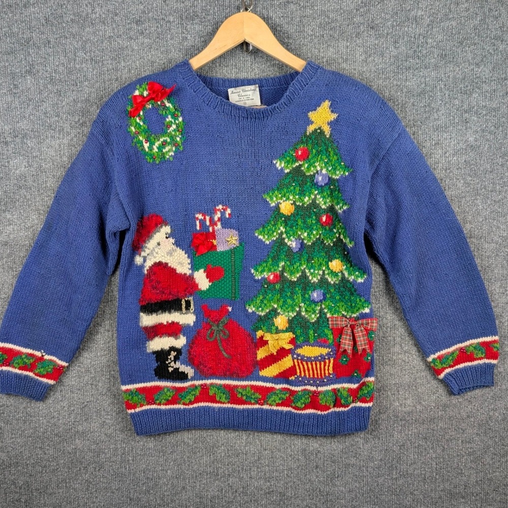 Vintage Marisa Christina 1993 Christmas Sweater Santa Tree Blue Beaded Cotton M